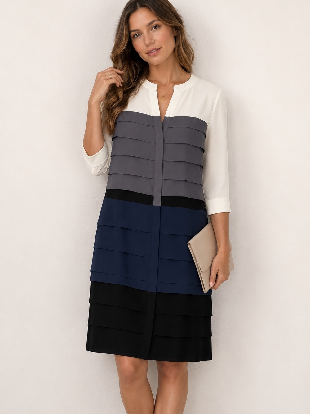 BCBGMAXAZRIA Tiered Colorblock Dress Size 12 | Layered Ruffle Shirt Dress